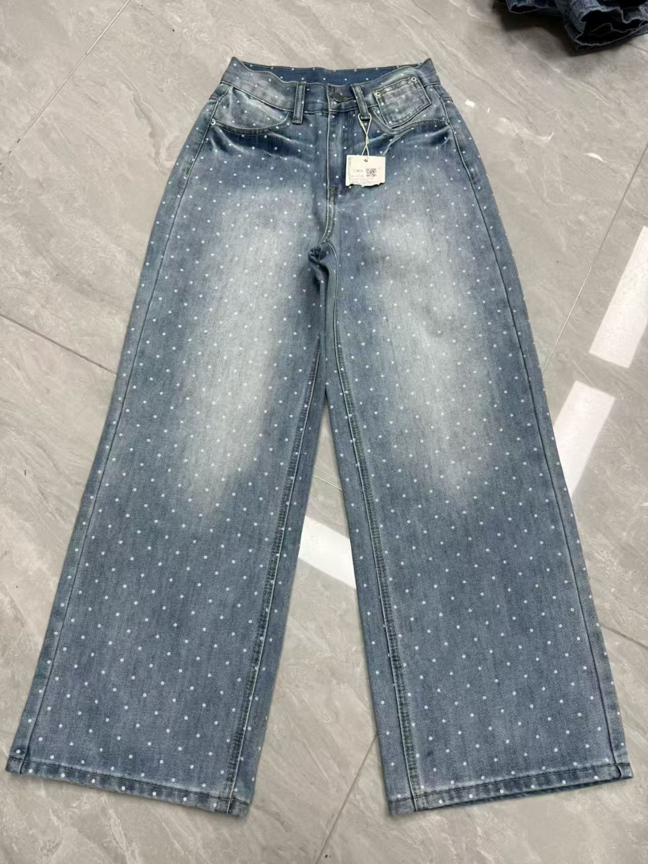 Women Polka Dot Wide Leg Denim Jeans with Full Size Range